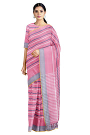 Carnation Pink Saree with Blue and White Stripes and Yellow Border