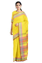 Yellow Saree with White, Magenta and Green Border