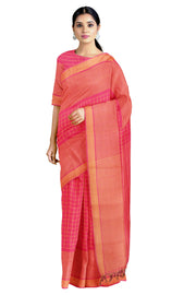 Magenta and Yellow Check Saree with Striped Border