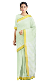 Light Green Saree with White, Yellow and Green Border