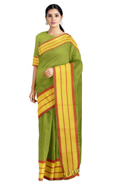 Pickle Green and Yellow Beaded Striped Saree with Red and Yellow Border and Butis