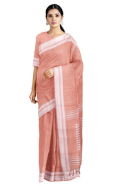 Peach and White Beaded Striped Saree with White Border and Butis