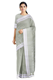 Sage Green Beaded Striped Saree with Green and White Border and Butis
