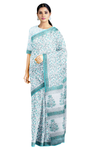White and Sky Blue Sanganeri Hand Block Printed Saree