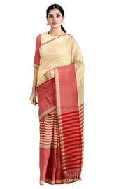 Soft Beige and Red Striped Saree with Golden Zari Border and Pallu