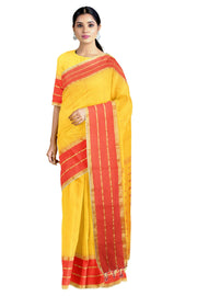 Pineapple Yellow and Red Beaded Striped Saree with Zari, Lime Green and Red Border and Butis