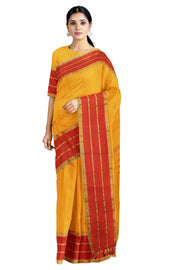 Kesariya Yellow and Red Beaded Striped Saree with Zari, Lime Green and Red Border and Butis