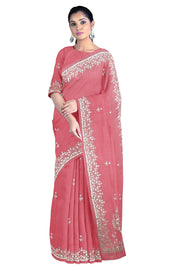 Coral Red Hand Embroidered Zardozi Saree