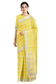 Canary Yellow Hand Embroidered Zardozi Saree with White Stripes and Border