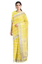 Daffodil Yellow Hand Embroidered Zardozi Saree with White Striped Checks and Border