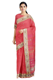 Cerise Red Hand Embroidered Zardozi Saree with Beige and Magenta Border