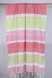 Space Dyed Lime Green, Pink, Red and White Striped Stole with Multi Colour Butis